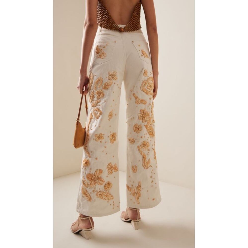Cult Gaia Jarli White Raffia Appliqué High Rise Wide Leg Jeans XS - Picture 3 of 16
